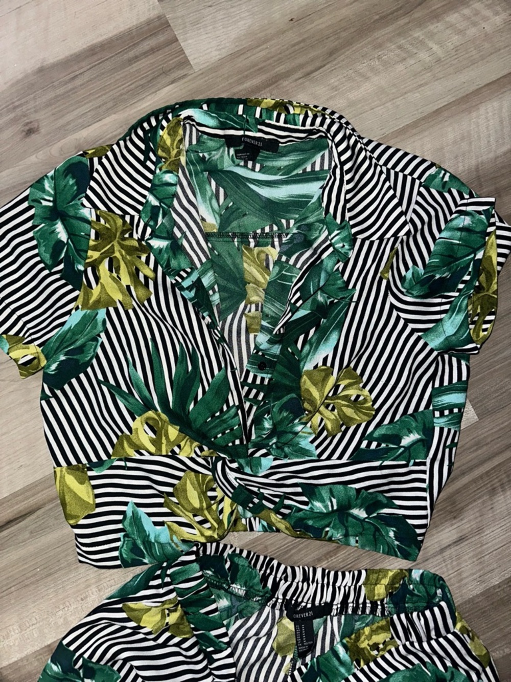 Forever 21 Black-White Striped Maxi Set with Green and Yellow Leaf Print - Picture 2 of 4